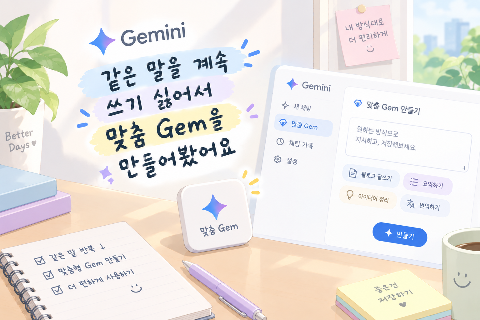 Gemini에 같은 말을 계속 쓰기 싫어서 맞춤 Gem을 만들어봤어요