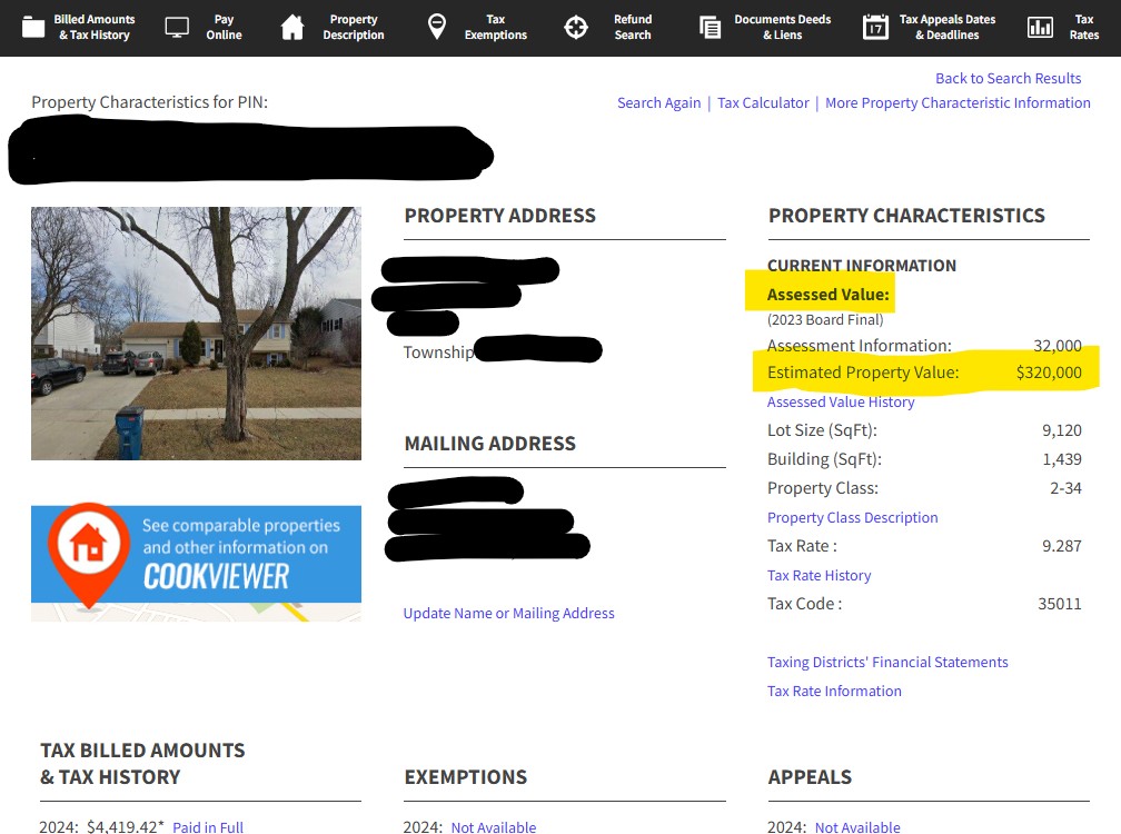 Assessed value found from county tax portal website