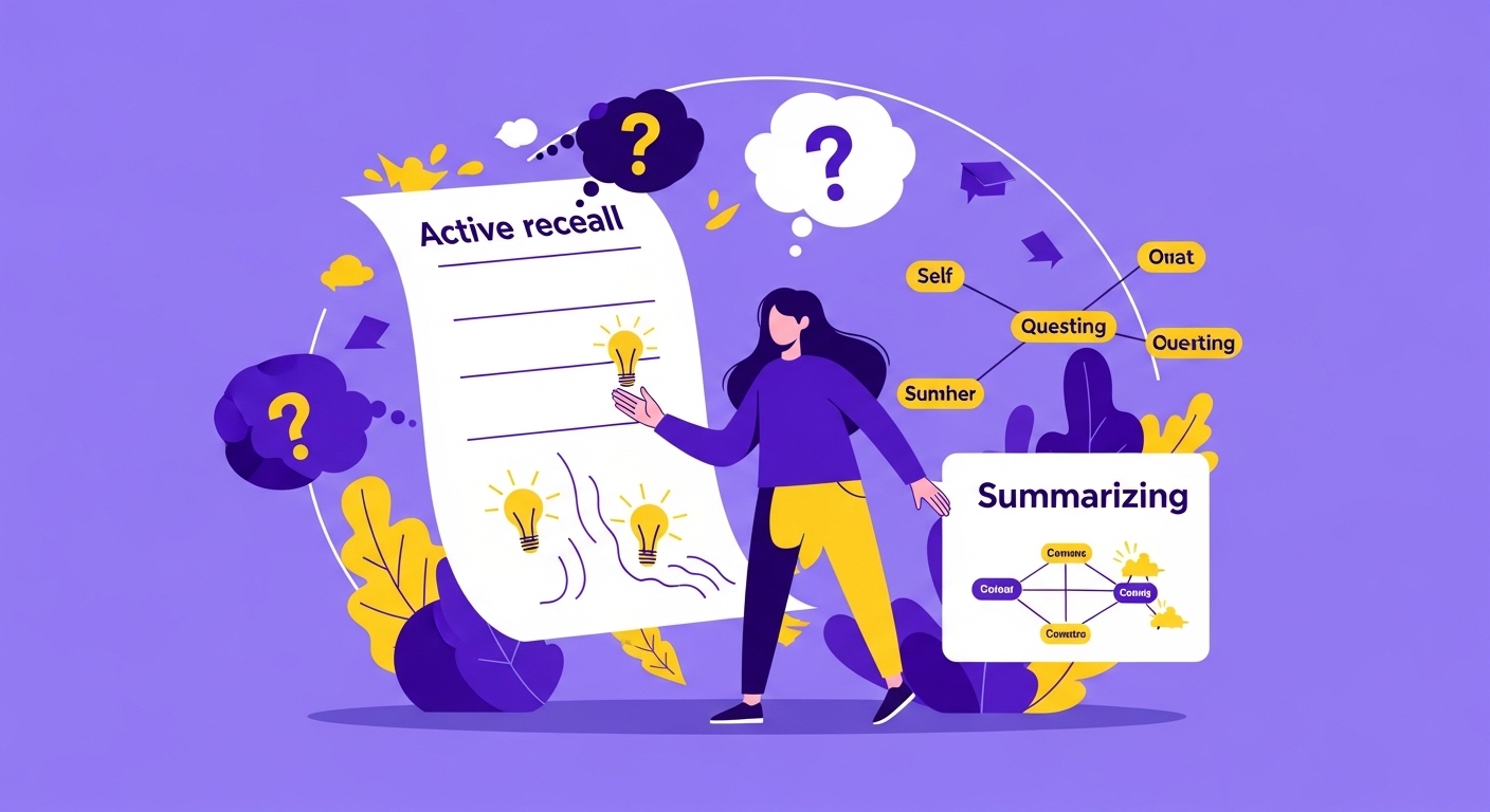 학생이 백지에 아이디어를 적고, 질문하며, 마인드맵을 그리는 등 적극적으로 메타인지 학습 전략을 실천하는 모습. 활기찬 보라색과 노란색 배경.