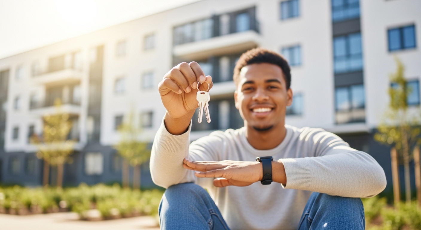 안정적인 주거 환경을 얻어 만족하는 청년이 아파트 열쇠를 들고 있는 모습.