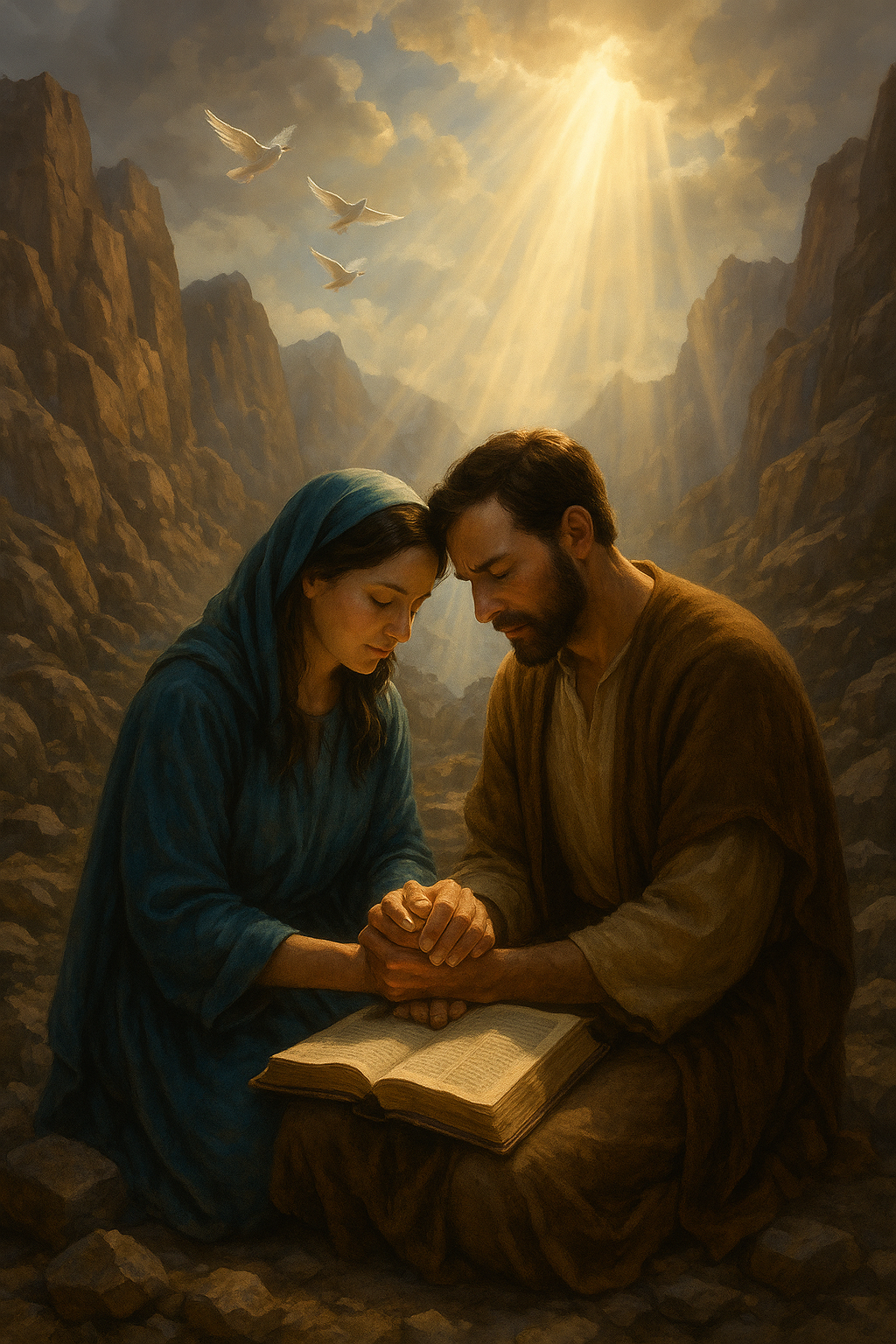 하나님의 뜻을 분별하기 위해 두 손을 맞잡고 간절히 기도하는 부부(또는 동역자)의 모습입니다. 황량한 계곡 한가운데서도 하늘로부터 쏟아지는 빛이 이들을 감싸며, &ldquo;네가 가는 길에 내가 함께 있어 입과 손을 붙들어 주겠다&rdquo;(출 4:12 참조)는 약속을 상징합니다. 발 아래 펼쳐진 성경은 순종의 기준이 말씀임을 나타내고, 멀리 날아오르는 새들은 하나님의 인도하심 속 자유로운 삶을 암시합니다.
