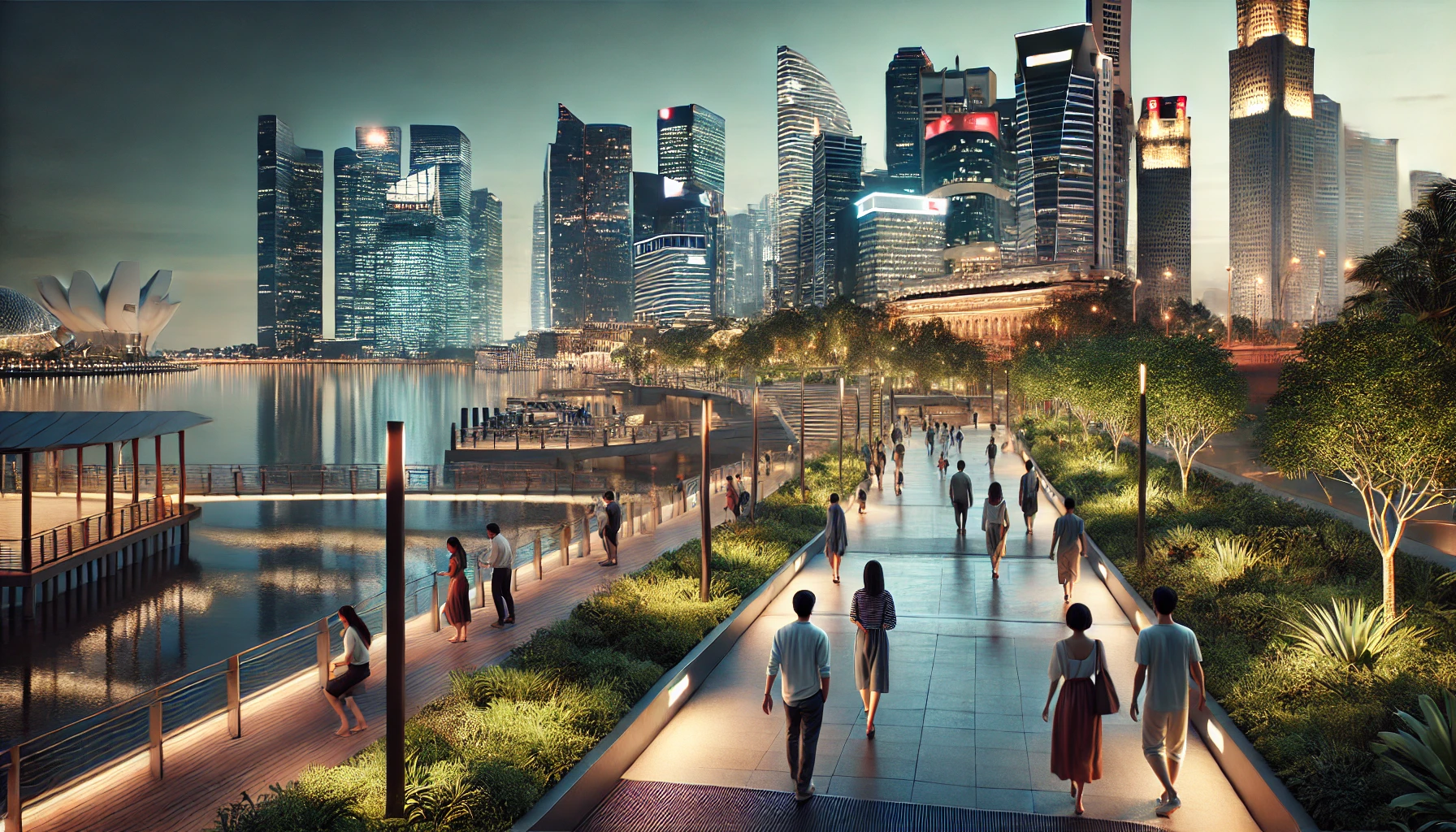 싱가포르의 야경 속 평화롭게 걷는 사람들의 모습