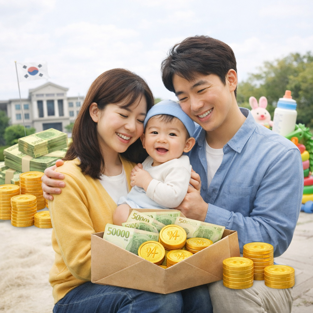 행복한 표정으로 아기를 안고 정부 혜택을 확인하는 젊은 부부의 모습