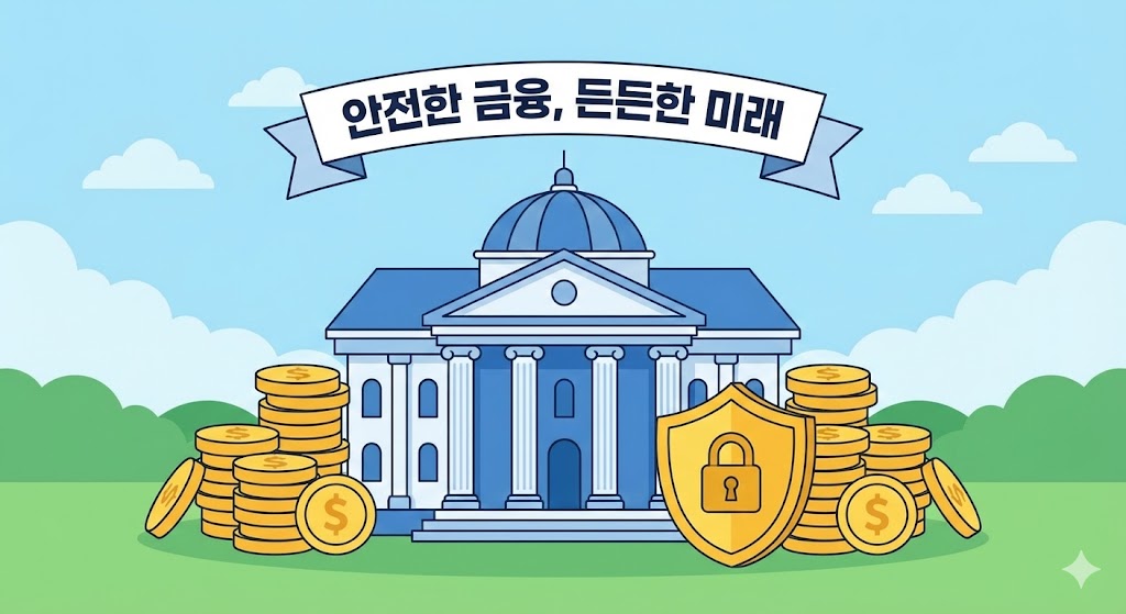 금화가 가득 담긴 주머니와 튼튼한 은행 건물을 형상화한 일러스트