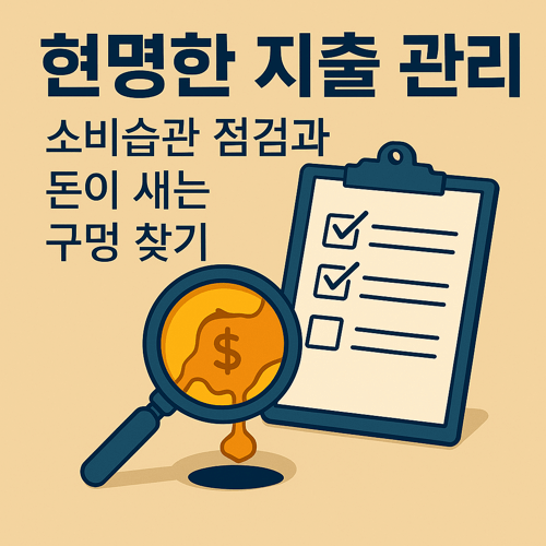 현명한 지출 관리를 위한 썸네일 이미지로, 체크리스트가 담긴 클립보드, 돈이 새는 구멍을 비추는 확대경, 달러 기호가 녹아내리는 소비 누수 표현이 포함된 지출 점검 일러스트