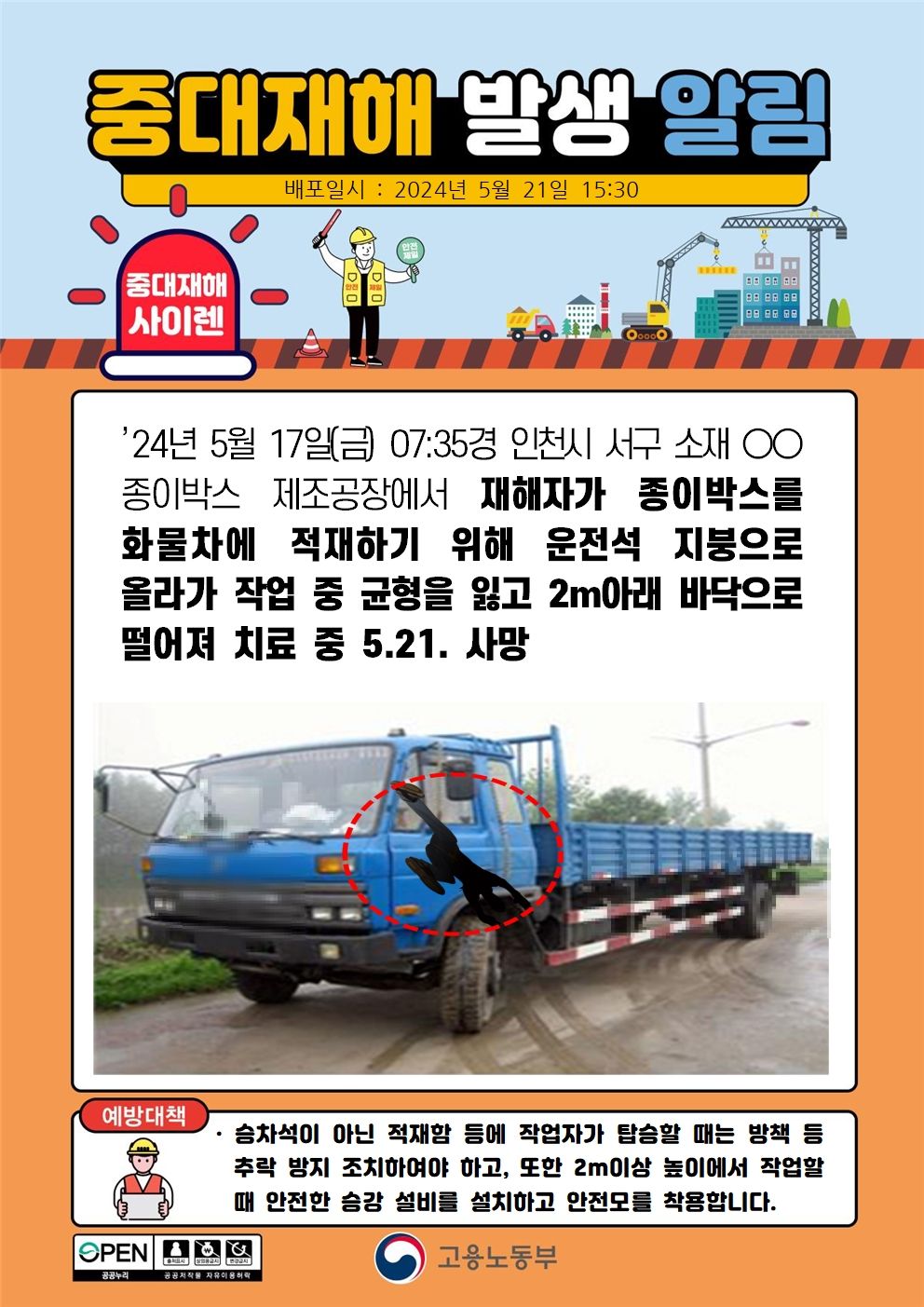 화물차에 운전석 지붕으로 올라가 작업 중 떨어짐(2m)