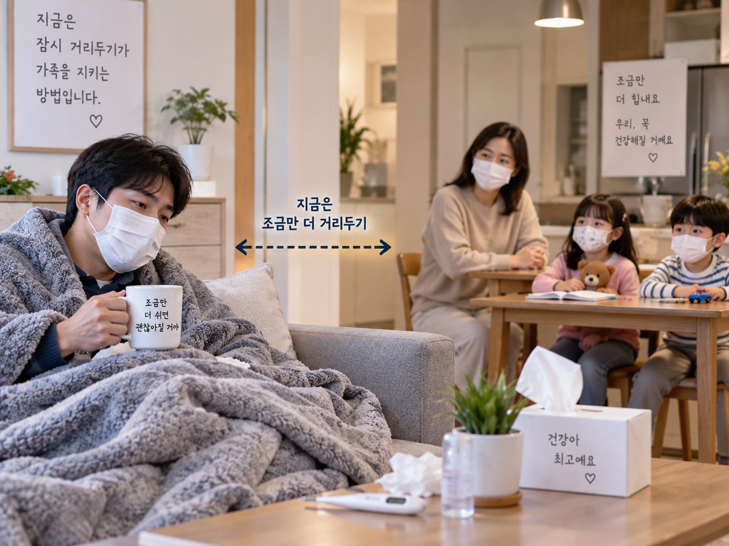 독감 환자가 마스크를 착용하고 가족과 거리를 두고 생활하는 모습