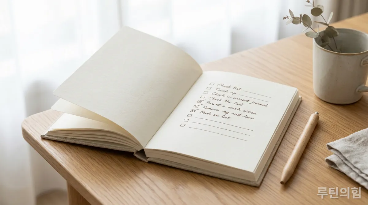 10분 루틴 체크리스트가 적힌 작은 다이어리와 펜, 슬로우 루틴의 꾸준함을 표현.