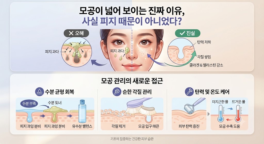 모공이 넓어 보이는 이유에 대한 정보성 인포그래픽. 좌측은 피지 과다를 모공 확장의 원인으로 오해하는 모습, 우측은 탄력 저하와 각질 쌓임, 콜라겐 감소가 실제 원인임을 보여주는 진실을 비교함. 하단에는 수분 균형 회복, 순한 각질 관리, 피부 탄력 및 온도 케어를 통한 모공 관리법 세 가지를 제안함.