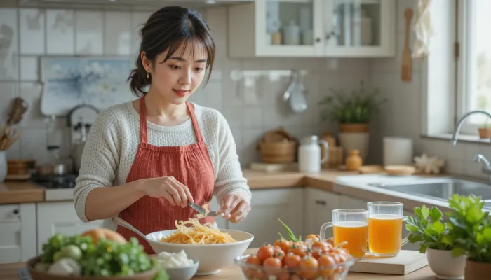 여름철 체온 조절 식단을 준비하는 여성