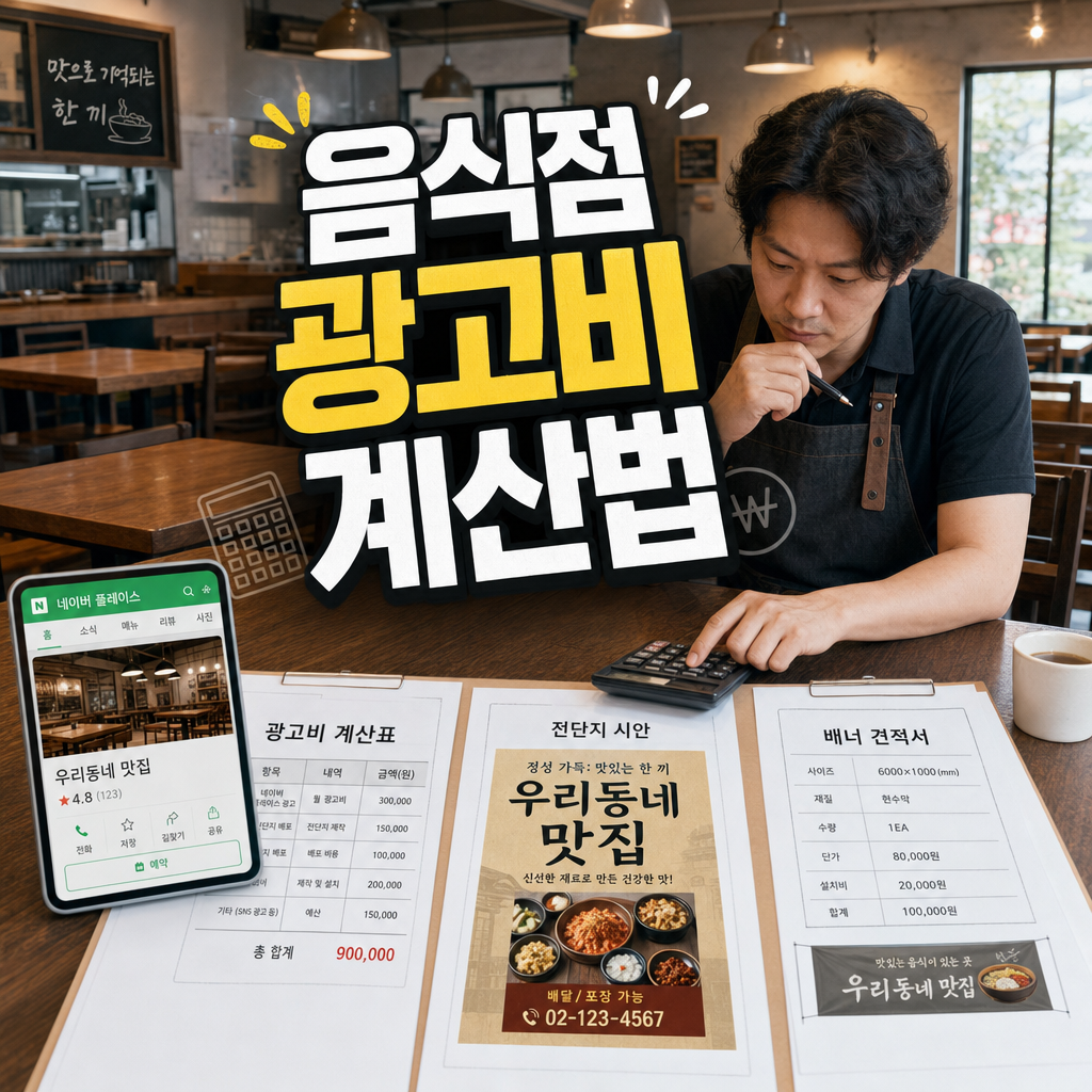 음식점 사장님이 광고비 계산표와 네이버 플레이스 화면을 보며 홍보비 효율을 점검하는 이미지