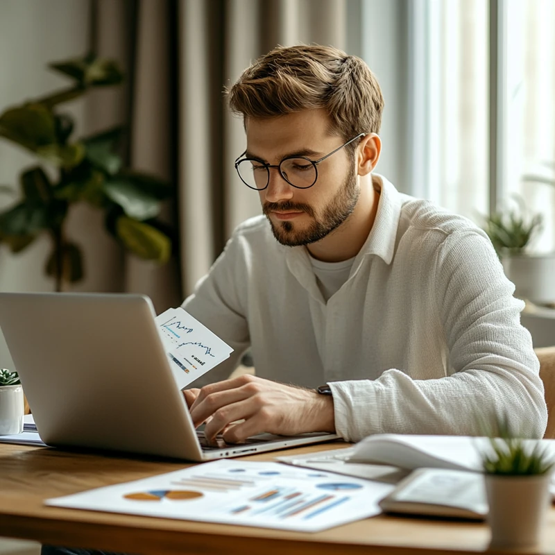 미국 GDP 하락 시기 연금 ETF 포트폴리오를 노트북으로 분석하며 투자 분산 전략과 노후 대비 전략을 고민하는 젊은 투자자를 나타낸 일러스트