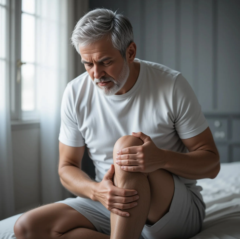 무릎 관절염으로 힘들어하는 남성