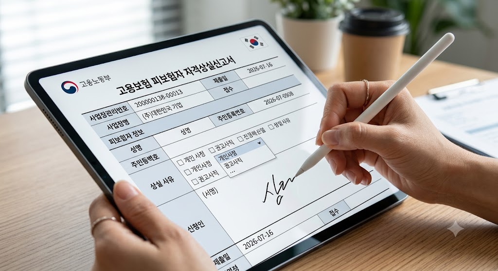 이직확인서 및 수급조건 신청 서류 작성 화면