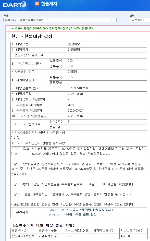 한솔제지(213500) 2025년 배당락일