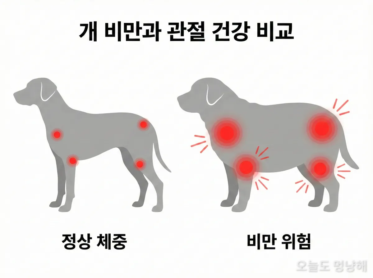 정상 체중 강아지와 비만 강아지의 관절 부하 비교 인포그래픽
