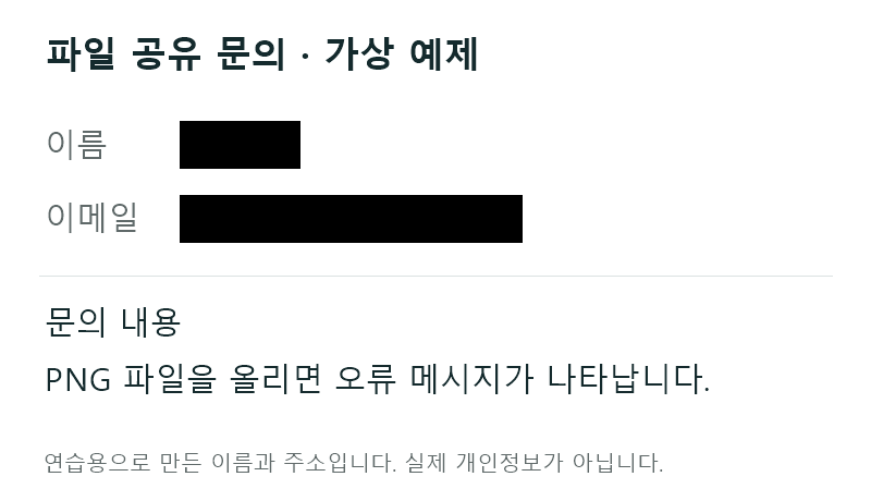 PNG로 저장한 가상 문의 화면. 이름과 이메일은 검은 사각형으로 가렸고 문의 내용은 그대로 보입니다.