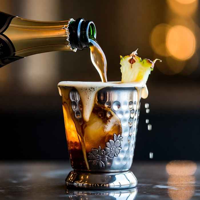 위스키 베이스 위로 탄산감이 살아있는 샴페인을 부어 완성하는 제조 과정