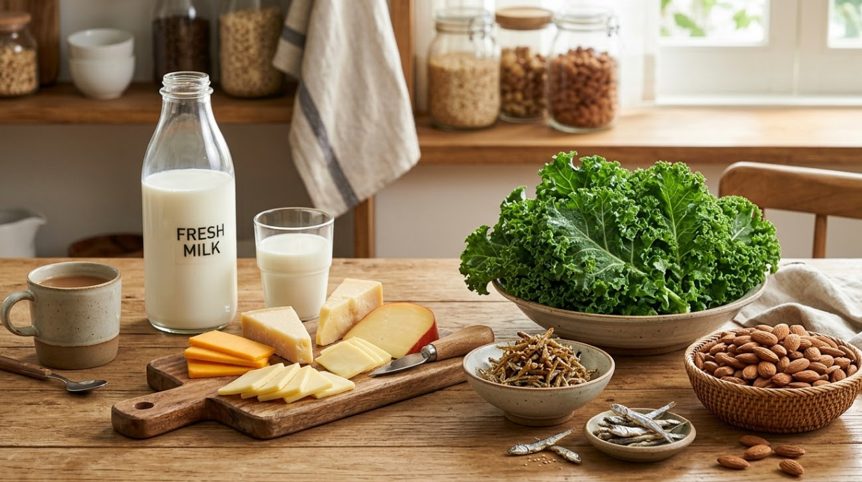 칼슘이 풍부한 우유, 치즈, 케일, 멸치, 아몬드 등 다양한 식품의 모습