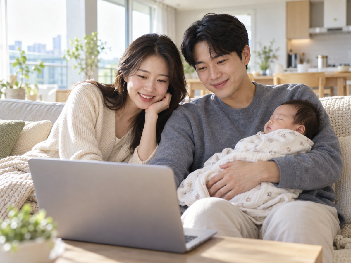 노트북으로 복지 정보를 확인하는 아기 부모, 신청주의 개선 시행 시기