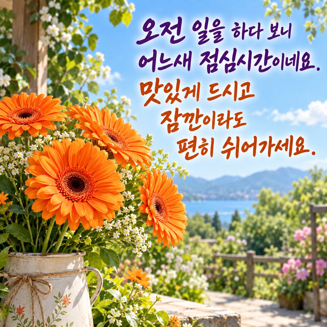 점심에 보내는 카톡 인사말 이미지 11 — 오전 일을 하다 보니 어느새 점심시간이네요. 맛있게 드시고 잠깐이라도 편히 쉬어가세요.