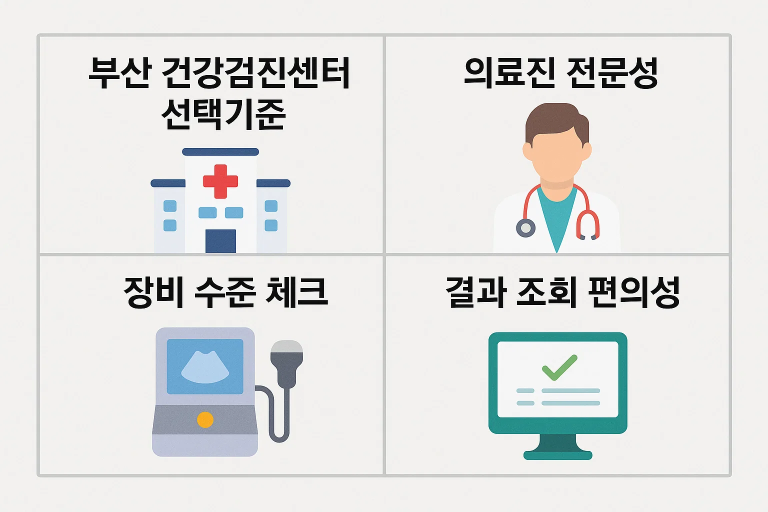 의료진 전문성, 장비 수준, 결과 조회 편의성 등 부산 지역 건강검진센터 선택 시 고려해야 할 핵심 기준을 시각적으로 정리한 인포그래픽