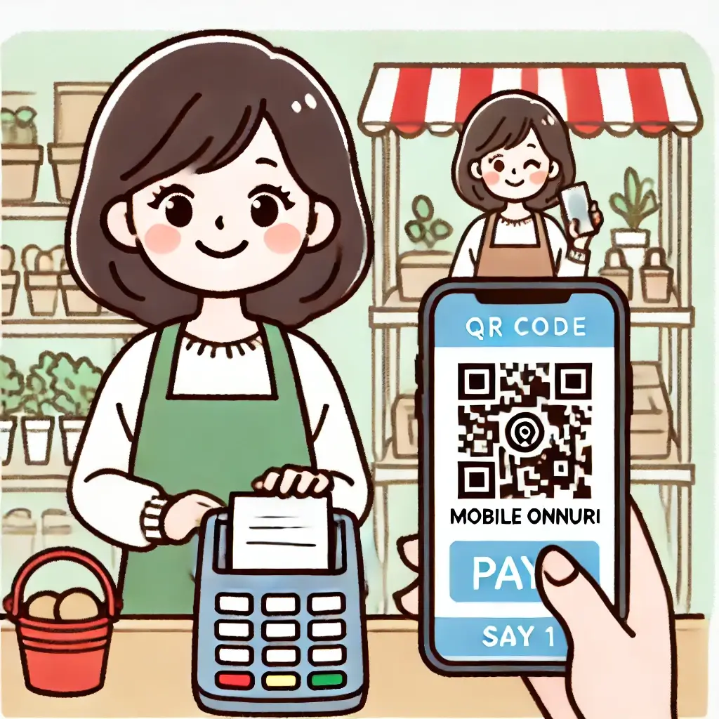 여성이 전통시장에서 QR 코드를 이용해 온누리상품권으로 결제하는 모습