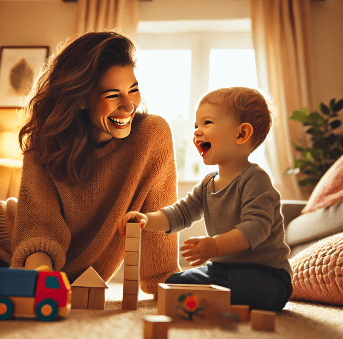 엄마와 아기가 함께 놀이하며 웃는 사진