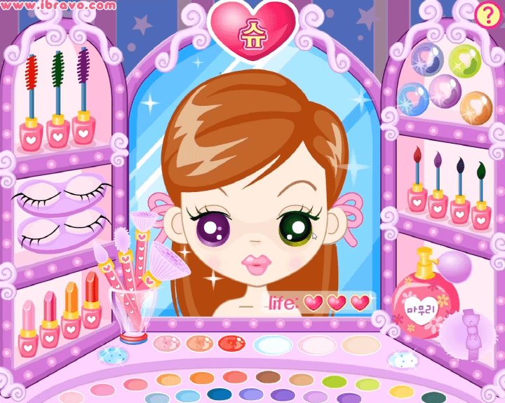 슈의-화장놀이-플래시게임-플레이-슈의-눈동자에-녹색-렌즈를-착용하는-화면