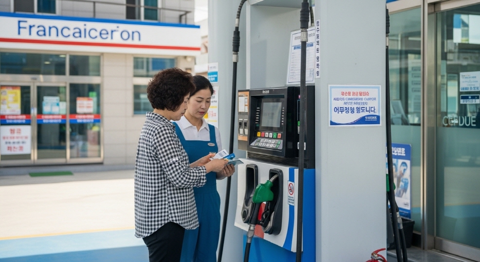 밝은 날 소형 주유소에서 결제하는 중년 여성