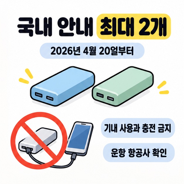 보조배터리 두 개와 휴대전화 충전 금지 그림으로 2026년 4월 20일부터 국내 안내 최대 2개 및 기내 사용과 충전 금지를 설명한 도식.
