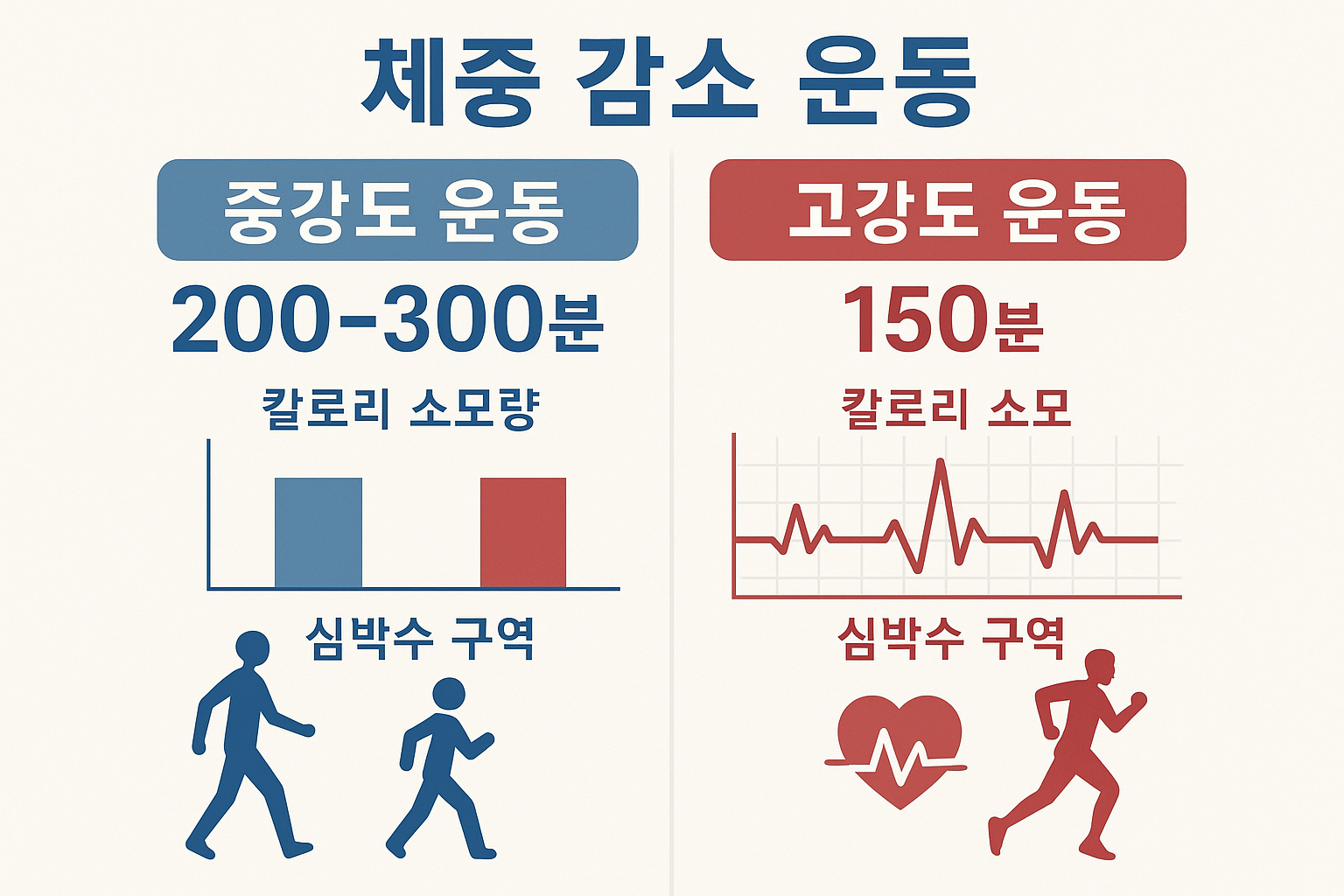 중강도 운동 200~300분 vs 고강도 150분, 체중감량 효과 완벽 비교