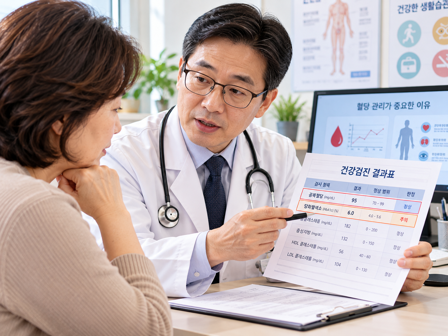 의사가 건강검진 결과표를 보며 중장년 환자에게 혈당 검사 결과를 설명하는 장면의 이미지