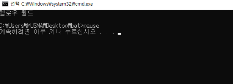 윈도우의 명령어 실행창 화면에 '헬로우 월드'라고 적혀있다.