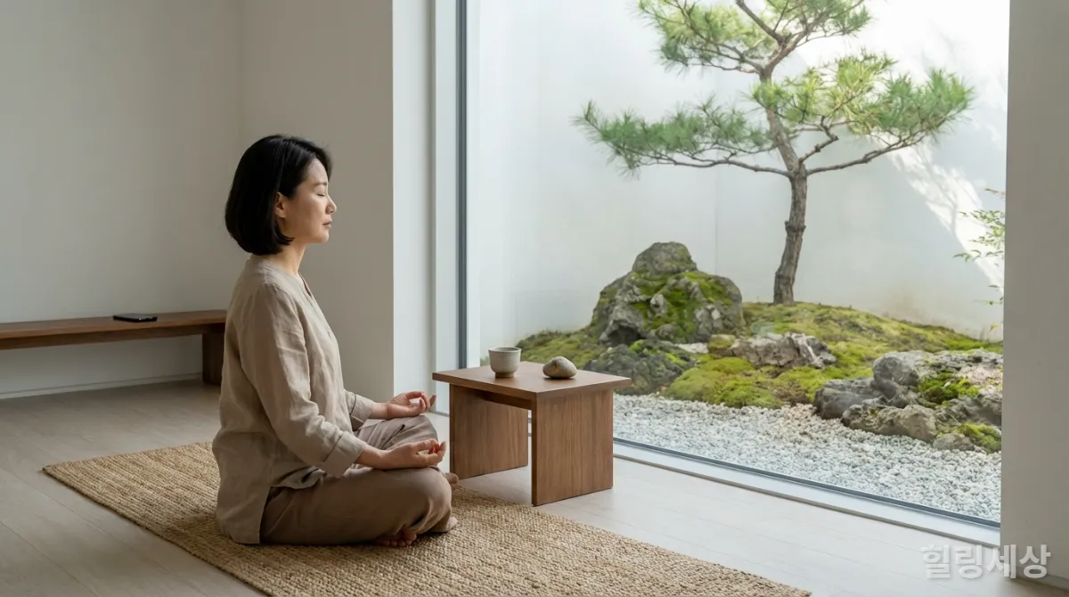 평화로운 한국식 정원이 보이는 방에서 명상하는 사람