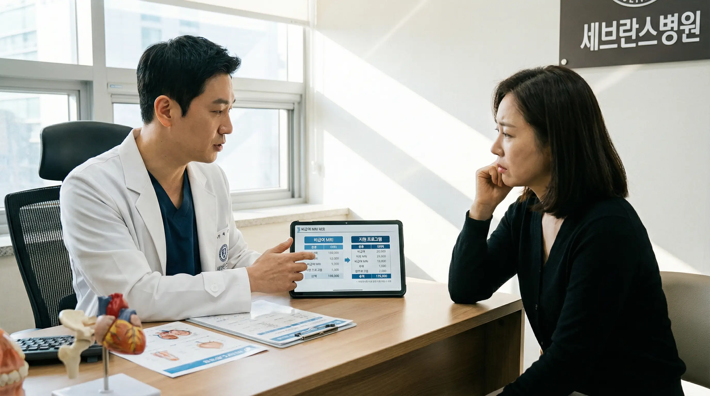 의사가 환자에게 비급여 항목인 MRI 검사 비용과 지원 가능한 대체 방안을 설명하는 장면