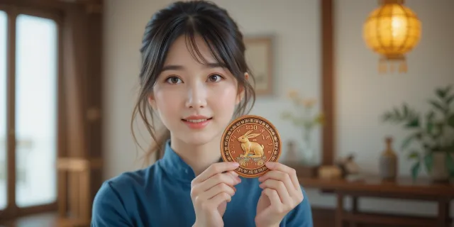 2025년 토끼띠 부적을 들고 희망적인 표정을 짓는 여성