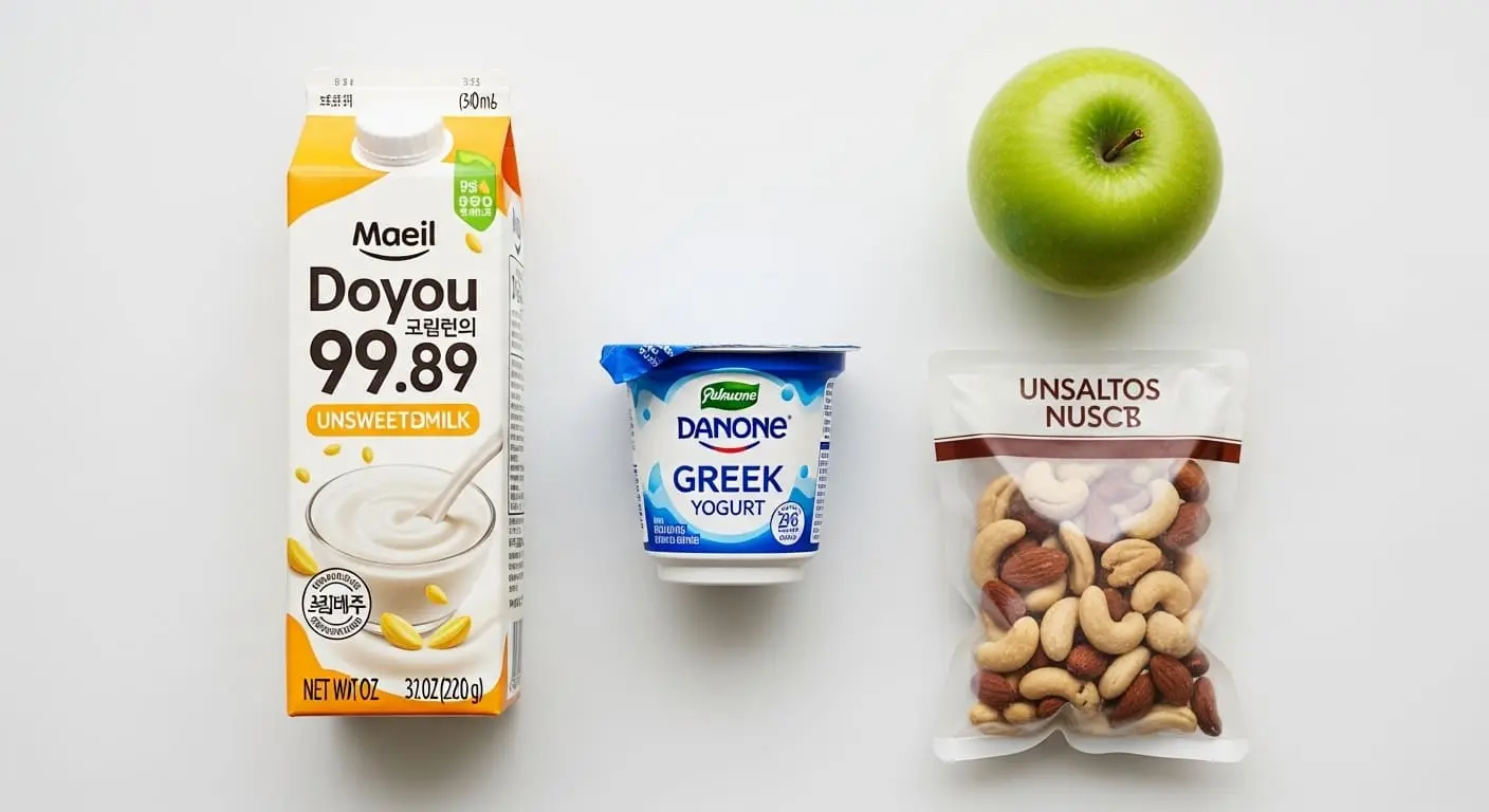 편의점 및 마트에서 구매할 수 있는 건강 간식들: 무가당 두유, 그릭요거트, 무염 견과류 믹스. 바쁜 일상 속 현명한 간식 선택을 보여주는 이미지.