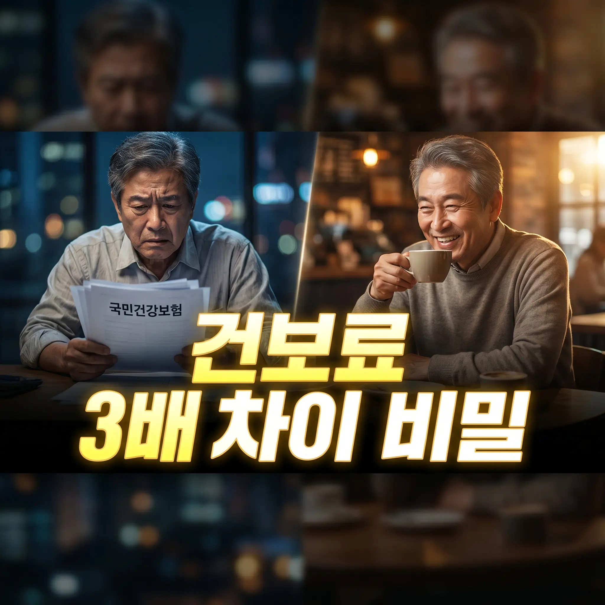 건강보험료 고지서를 보며 고민하는 퇴직자와 카페에서 여유롭게 커피를 마시는 퇴직자의 모습이 대비된 이미지입니다. 중앙에는 '건보료 3배 차이 비밀'이라는 노란색 강조 문구가 적혀 있으며, 퇴직자 유형별(A, B, C) 건강보험료 절감 전략과 피부양자 자격 유지 방법을 시각적으로 나타냅니다.
