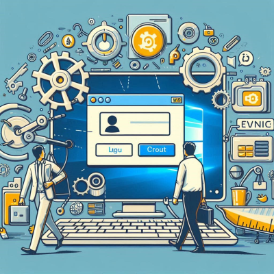 다양한 기계 부품과 함께 로그인 화면을 설정하는 사람들