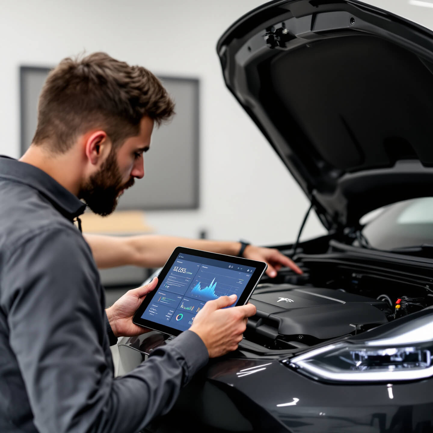 정비소에서 테슬라 차량 엔진을 점검 중인 기술자. 태블릿 화면에 자율주행 시스템 관련 데이터와 분석 그래프가 표시되어 문제 진단 중인 모습.