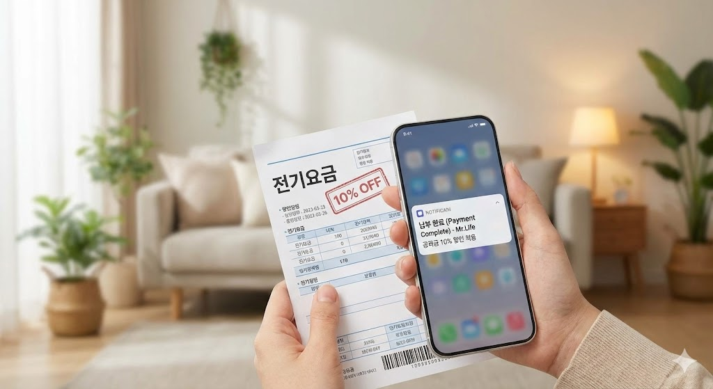 전기요금 고지서와 스마트폰 앱 할인 알림 화면 클로즈업.