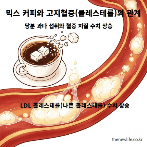 설탕이 들어간 커피와 혈관 속 LDL 콜레스테롤 축적을 표현한 일러스트