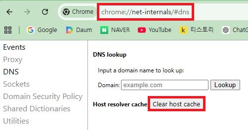 크롬 내부 DNS 설정 페이지에서 Clear host cache 버튼을 클릭하는 화면