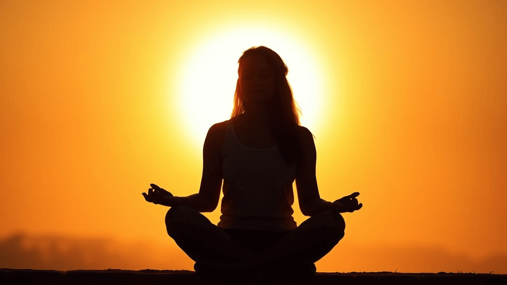 일출 배경에서 명상하는 사람의 실루엣