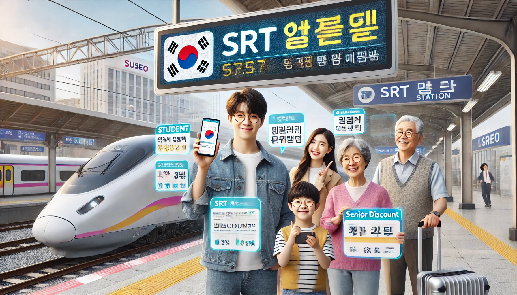SRT 할인제도 총정리 이미지, 수서역 플랫폼에서 학생 할인, 가족 할인, 시니어 할인 혜택을 설명하는 장면과 SRT 고속열차