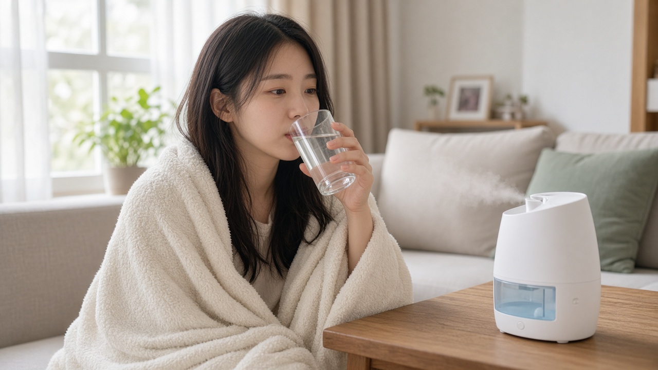 거실 가습기 옆에서 따뜻한 물을 마시는 기침 중인 20대 한국인 여성