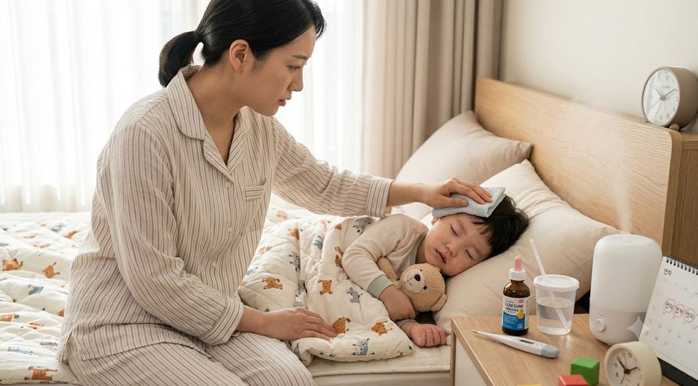 아픈아이 돌보는 엄마사진