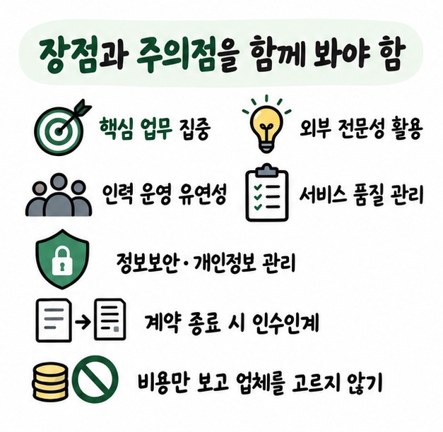 아웃소싱의 장점인 핵심업무 집중과 전문성 활용, 주의점인 품질·보안·계약 책임을 함께 보여주는 카드
