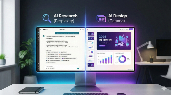 Perplexity와 Gamma AI 도구를 활용하여 전문적인 프리젠테이션 슬라이드를 자동 생성하는 현대적인 업무 환경 이미지